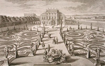 Itävaltalainen talo ja puutarha, kaivertaja Johann August Corvinus (1683-1738), julkaistu noin 1730-40 (kaiverrus). tekijältä Salomon (after) Kleiner