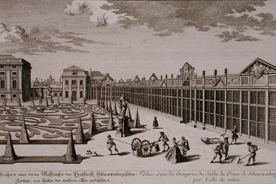 Näkymä yhdestä appelsiineista Schwarzenbergin prinssin puutarhassa Wienissä, kaiverrus Georg-Daniel Heumann (1691-1759), julkaistu noin 1724-37 (kaiverrus) (katso myös 170855) tekijältä Salomon (after) Kleiner