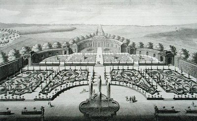 Näkymä Geibachin appelsiinitalosta, kaiverrus Johann Georg Pintz (1697-1767/8) tekijältä Salomon (after) Kleiner
