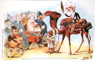 Karikatyyri Ranskan tasavallan presidentin Emile Loubetin (1838-1929) saapumisesta Lontooseen vuonna 1903 (värilitho) tekijältä Salomon Assus