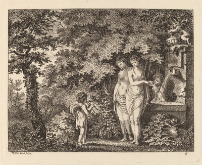 Eros kolmen tytön kanssa suihkulähteellä, 1770. tekijältä Salomon Gessner
