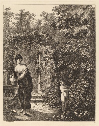 Putto vierailee tytön luona suihkulähteellä, 1771. tekijältä Salomon Gessner