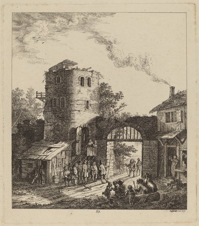 Kyläläiset kaupungin portilla tervehtimässä arvohenkilöä, 1764. tekijältä Salomon Gessner