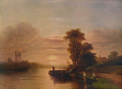 Auringonlasku joella, tuulimylly ja mökki, 1848, 1938 tekijältä Salomon Leonardus Verveer