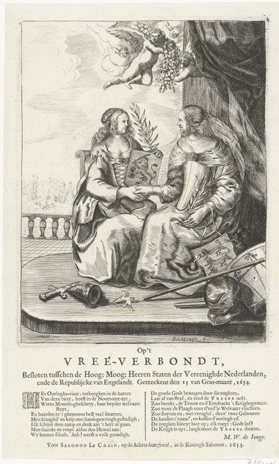 Lause Westminsterin rauhaan, 1654 Vree-Verbondtilla, suljettuna korkean välissä: Moog: Heeren Staten der Vereenighde Nederland, ende Republikcke van Englandt. Geteeckent den 15 van Gras-maant, 1654 (otsikko esineessä) tekijältä Salomon Pietersz. Lachair