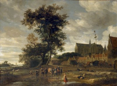 Kohtaus ennen toukokuuta, taustalla Alkmaarin kirkko, 1669 tekijältä Salomon Ruysdael