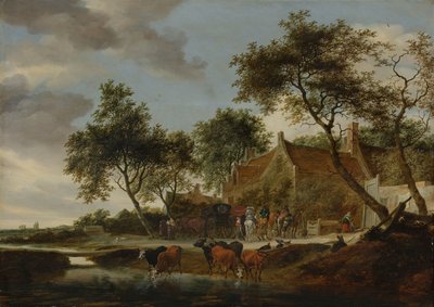 Maisema, jossa on matkustajia majatalon edessä lähellä juottopaikkaa tekijältä Salomon van Ruisdael or Ruysdael
