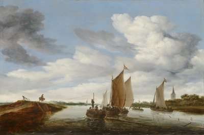 Jokimaisema, purjeveneitä ja hevosvetoinen proomu tekijältä Salomon van Ruisdael or Ruysdael