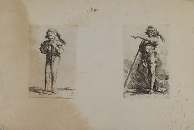 (Figuurisarja) Vanha mies, jolla on höyhenpäähattu, kädet levossa tekijältä Salvator Rosa
