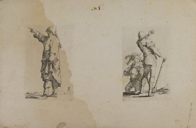 (Figuurisarja) Seisova mies, jolla on pitkä hattu, osoittaen tekijältä Salvator Rosa