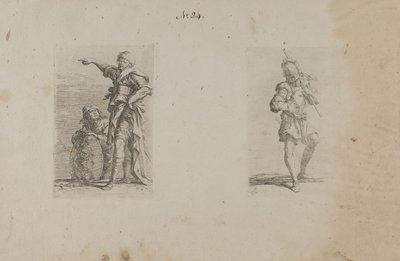 (Figuurisarja) Kaksi miestä, toinen osoittaa vasempaan, toinen polvistuu. tekijältä Salvator Rosa