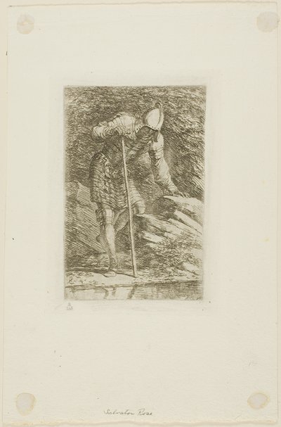 Soturi täydessä haarniskassa luolassa tekijältä Salvator Rosa