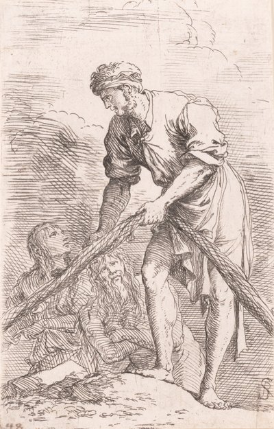 Mies vetää verkkoa, takanaan kaksi hahmoa, sarjasta "Figurine", n. ..., n. 1656-1657. tekijältä Salvator Rosa