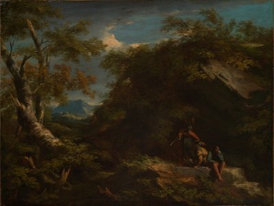 Vuoristoinen metsämaisema lepäävine sotureineen tekijältä Salvator Rosa