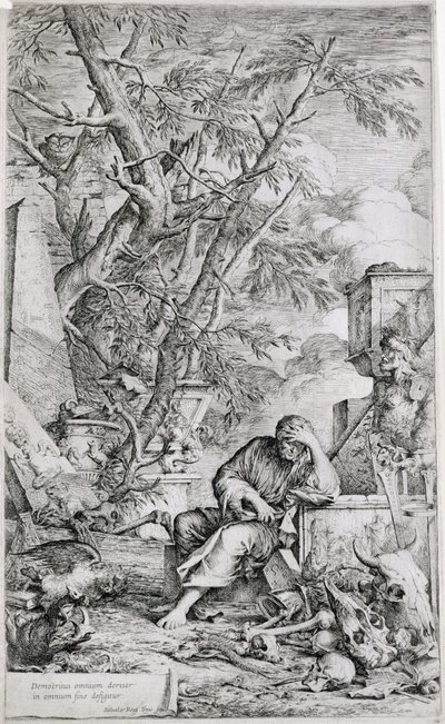 Demokritos meditaatiossa (kaiverrus) tekijältä Salvator Rosa