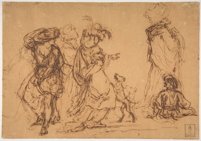 Fünf Figuren in fantastischen Kostümen mit zwei Hunden tekijältä Salvator Rosa