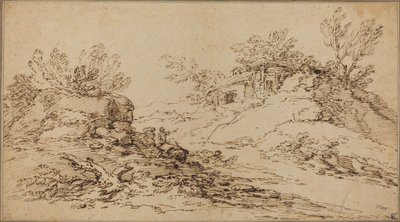 Kalliomaisema maalaismaisella talolla tekijältä Salvator Rosa