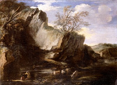 "Kivellinen maisema paimenten ja karjan kanssa", 1625-1673 tekijältä Salvator Rosa