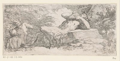 Satyr pannuhuilulla Tritons and River Gods (sarjan nimi) tekijältä Salvator Rosa
