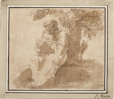 Puun alla istuva, nuorekas hahmo lukee tekijältä Salvator Rosa