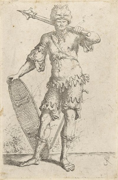 Seisova eksoottinen soturi, jolla on leijonapäähattu, kädessään nukka ja kilpi, n. 1656-57 (etsaus paperille) tekijältä Salvator Rosa