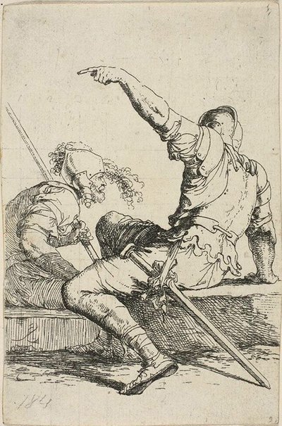 Kaksi soturia istuvat matalalla kalliolla tekijältä Salvator Rosa