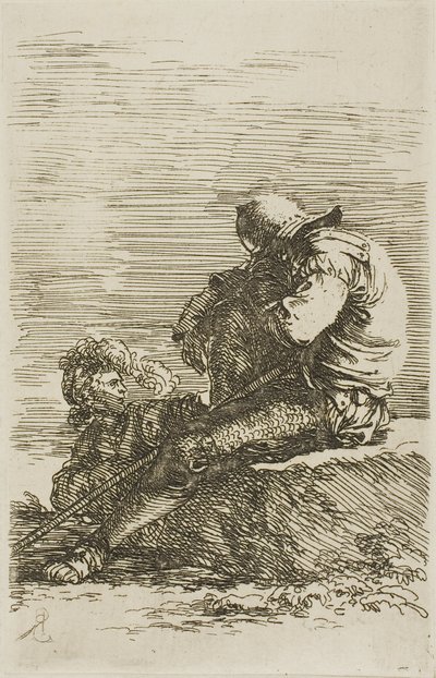 Kaksi soturia, joista toinen istuu unessa etualalla olevalla kalliolla, sarjasta Figuuri tekijältä Salvator Rosa