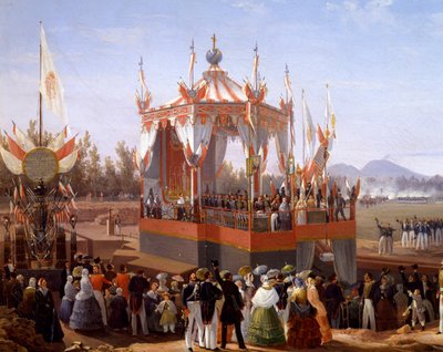 Francis I ja Maria Isabella osallistuvat viralliseen seremoniaan Napolin Arsenalissa, kirjoittanut Salvatore Fergola (1799-1874), Detail, Italia tekijältä Salvatore Fergola