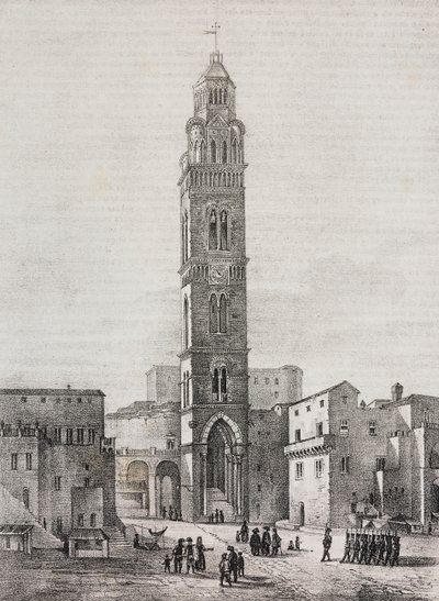 Gaetan katedraalin kellotorni, Lazio, Italia, Salvatore Puglian litografia Pasquale Mattein (1813-1879) piirtämänä, Poliorama Pittoresco, n:o 48, 6. heinäkuuta tekijältä Salvatore Puglia