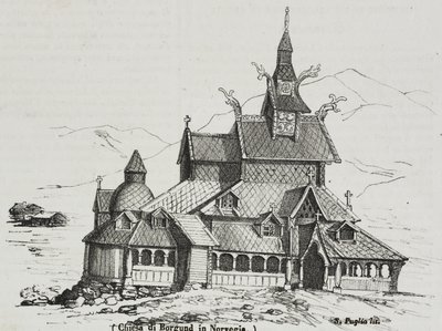 Borgund Stave Church, Norja, Salvatore Puglian litografia Poliorama Pittorescosta, n:o 40, 14. toukokuuta tekijältä Salvatore Puglia