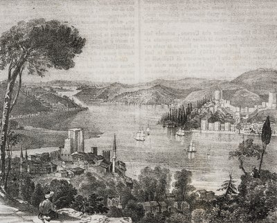 Bosporinsalmen linnat Aasian ja Euroopan rannikolla, Turkki, Gaetano Riccion litografia Poliorama Pittorescosta, n:o 18, 9. joulukuuta tekijältä Salvatore Puglia