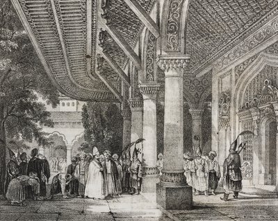 Hall de entrada de Serraglio, Turquia, do harém de histórias no leste, litografia de Poliorama Pittoresco, n 12, 28 de outubro finlandês tekijältä Salvatore Puglia