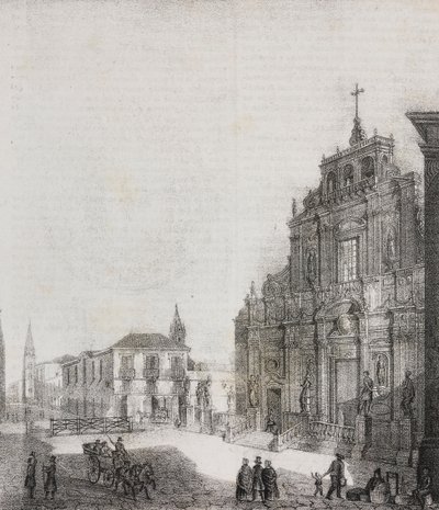 San Sebastianon basilikan julkisivu Acirealessa, Sisiliassa, Italiassa, Salvatore Puglian litografia Poliorama Pittorescosta, n:o 39, 3. toukokuuta tekijältä Salvatore Puglia