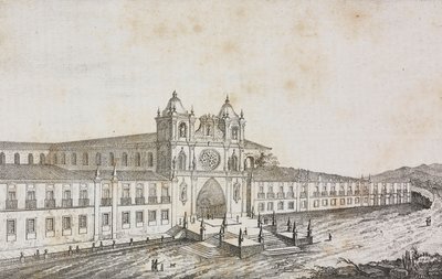 Alcobacan luostarin julkisivu, Portugali, Salvatore Puglian litografia Poliorama Pittorescosta, n:o 50, 19. heinäkuuta tekijältä Salvatore Puglia