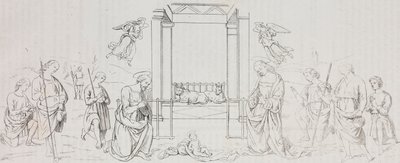 Fontignano Syntymä, Paimenten palvonta, Salvatore Puglian litografia Pietro Peruginon (noin 1450-1523) maalauksen jälkeen Poliorama Pittorescosta, n:o 42, 24. toukokuuta tekijältä Salvatore Puglia