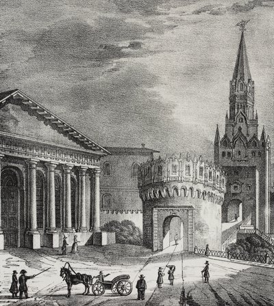 Troitskaja-tornin portti (Trinity Tower), Kreml, Moskova, Venäjä, Salvatore Puglian litografia Poliorama Pittorescosta, n:o 22, 7. tammikuuta tekijältä Salvatore Puglia