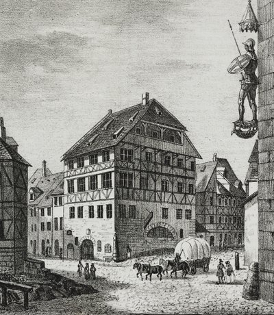 Albrecht Durerin (1471-1528) talo Nürnbergissä, Saksassa, Salvatore Puglian litografia Poliorama Pittorescosta, n:o 31, 12. maaliskuuta tekijältä Salvatore Puglia