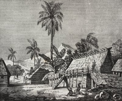 Noukahivan saaren kuningattaren talo (nykyään Nuku Hiva), Marquesassaaret, Ranskan Polynesia, Salvatore Puglian litografia Poliorama Pittorescosta, n:o 37, huhtikuu tekijältä Salvatore Puglia