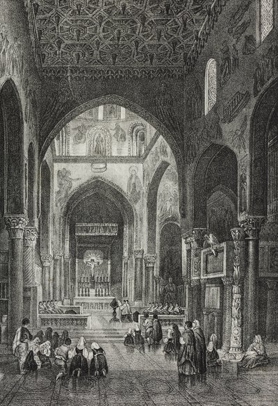 Palatine-kappelin sisustus Palazzo dei Normannissa tai kuninkaallinen palatsi Palermossa, Sisiliassa, Italiassa, Salvatore Puglian litografia Poliorama Pittorescosta, n:o 41, 21. toukokuuta tekijältä Salvatore Puglia