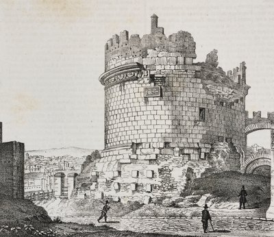 Cecilia Metellan mausoleumi Via Appialla, Rooma, Lazio, Italia, Salvatore Puglian litografia Poliorama Pittorescosta, n:o 20, 21. joulukuuta tekijältä Salvatore Puglia
