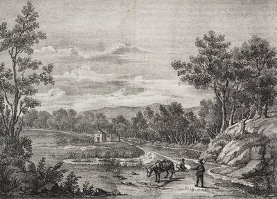 Mineraalivesilähteet Acerran metsässä, Campania, Italia, Salvatore Puglian litografia Poliorama Pittorescosta, n:o 5, 7. syyskuuta tekijältä Salvatore Puglia