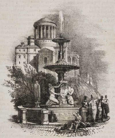 Fonte do Prado, Madri, Espanha, litografia de Salvatore Puglia de Poliorama Pittoresco, n 39, 4 de maio finlandês tekijältä Salvatore Puglia