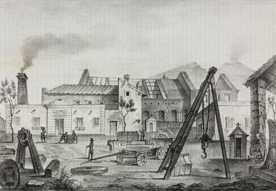 Royal Mechanical Factory (Royal Mechanical Factory) Pietrarsassa, Campaniassa, Italiassa, litografia Gaetano Riccio Poliorama Pittorescosta, n:o 39, 7. toukokuuta tekijältä Salvatore Puglia