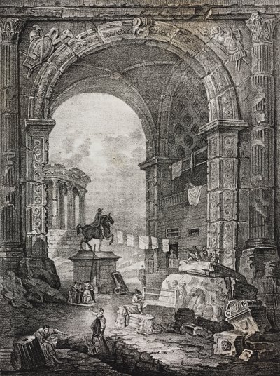 Roomalaiset rauniot, Hubert Robertin (1733-1808) maalaus, Salvatore Puglian litografia Poliorama Pittorescosta, n:o 28, 17. helmikuuta tekijältä Salvatore Puglia