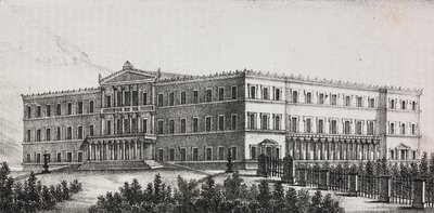 Kuninkaallinen palatsi Ateenassa, Kreikassa, Salvatore Puglian litografia Poliorama Pittorescosta, n:o 5, 9. syyskuuta tekijältä Salvatore Puglia