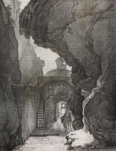Pyhän kolminaisuuden pyhäkkö tai Split-vuoren pyhäkkö, Gaeta, Lazio, Italia, Salvatore Puglian litografia Poliorama Pittorescosta, n:o 43, 1. kesäkuuta tekijältä Salvatore Puglia