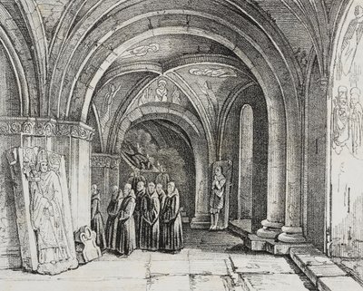Baselin katedraalin maanalainen kirkko, Sveitsi, Salvatore Puglian litografia Poliorama Pittorescosta, n:o 50, 22. heinäkuuta tekijältä Salvatore Puglia