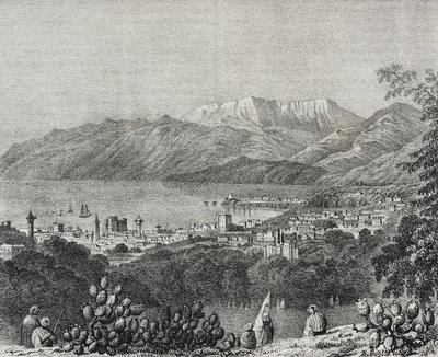 Näkymä Beirutista ja Mount Lebanon -vuoresta, Libanon, Salvatore Puglian litografia Poliorama Pittorescosta, n:o 8, 1. lokakuuta tekijältä Salvatore Puglia