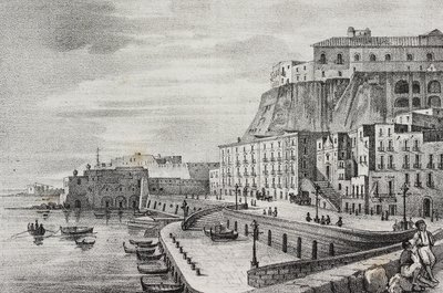Näkymä Borgo Santa Luciasta, Napolista, Campaniasta, Italiasta, Salvatore Puglian litografia Poliorama Pittorescosta, n:o 36, 15. huhtikuuta tekijältä Salvatore Puglia