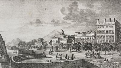 Vista do fórum Bourbon e hotel Trinacria, Palermo, Sicília, Itália, litografia de Salvatore Puglia após gravura de Di Giovanni de Poliorama Pittoresco, n 37, 19 de abril finlandês tekijältä Salvatore Puglia